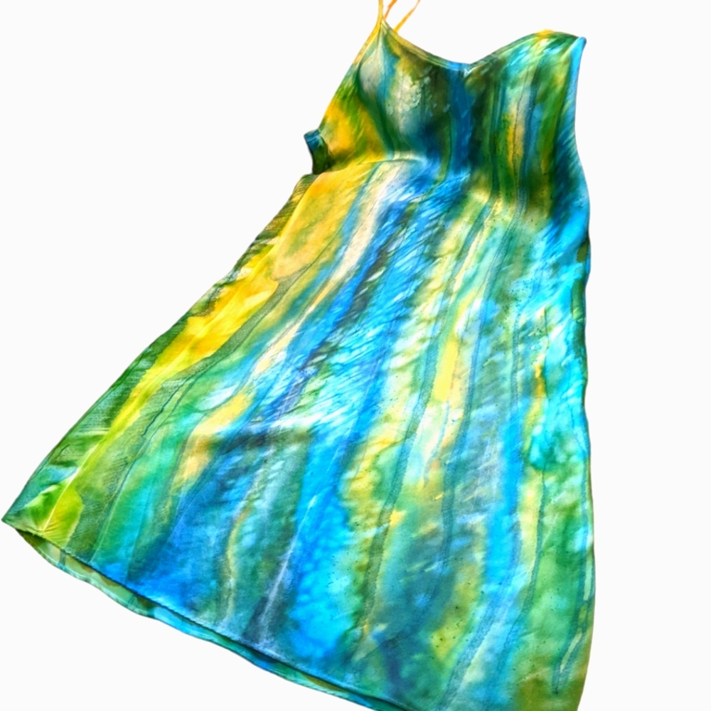 Handpainted Charmeuse satin Dress. Original. One of a kind Art Boho - Picture 11 of 15